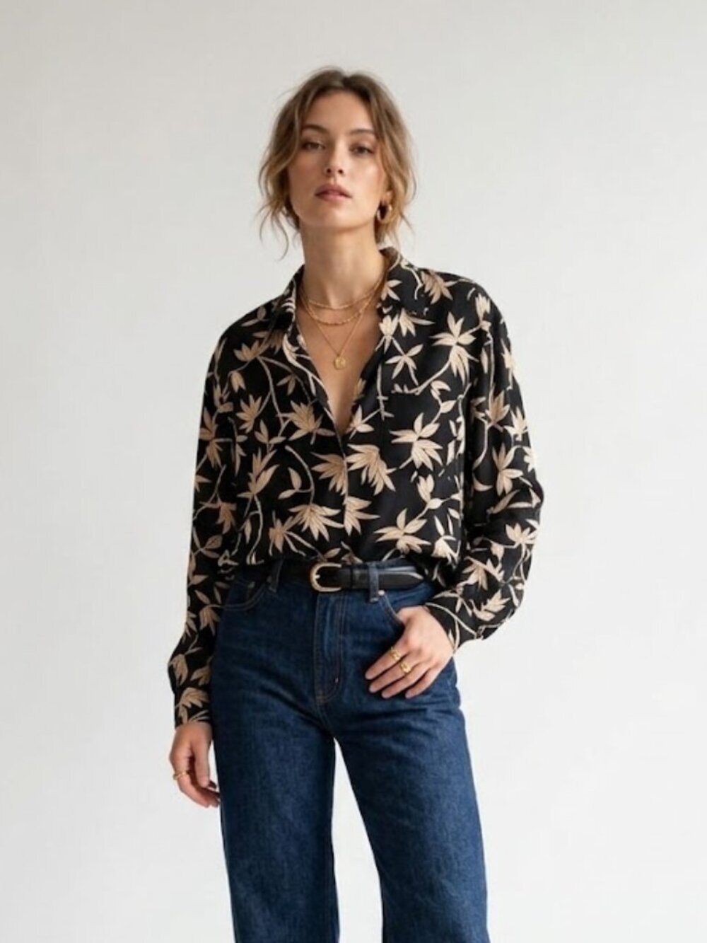 Vintage Evan-Picone 100% Silk Black Bamboo Leaf Blouse Button Front Size 12